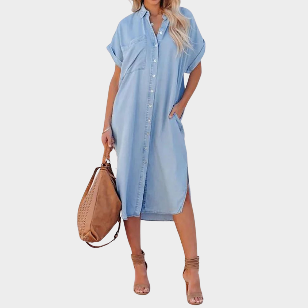 Women's Maxi Dress – Short Sleeve – Turn-Down Collar – Button Front – Elegant Party Style – Soft Fabric – Blue