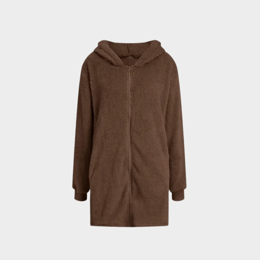 Plush Hooded Jacket for Women – Casual Autumn Winter Outerwear, Brown, Beige, Black