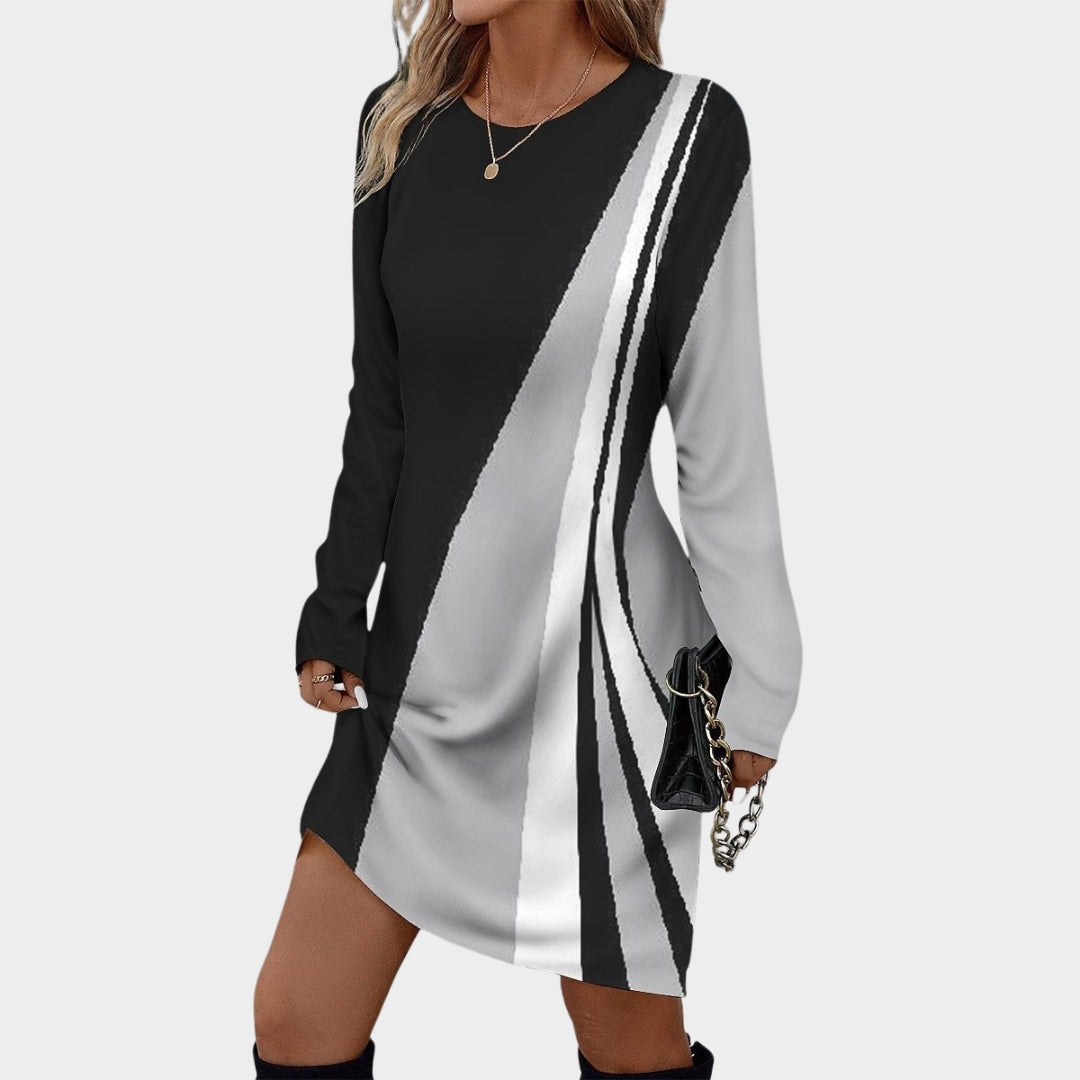 Vintage Print Women’s Dresses – Casual O-neck Long Sleeve Loose Fit Dresses, Black/White, Green/White, Blue/White