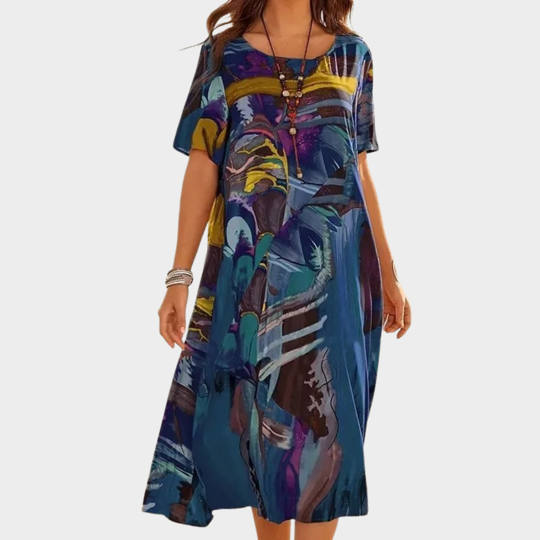 Women Art Print Loose Dress – Round Neck Short Sleeve Pullover Fit Casual Vintage Rope Style – Multiple Colours