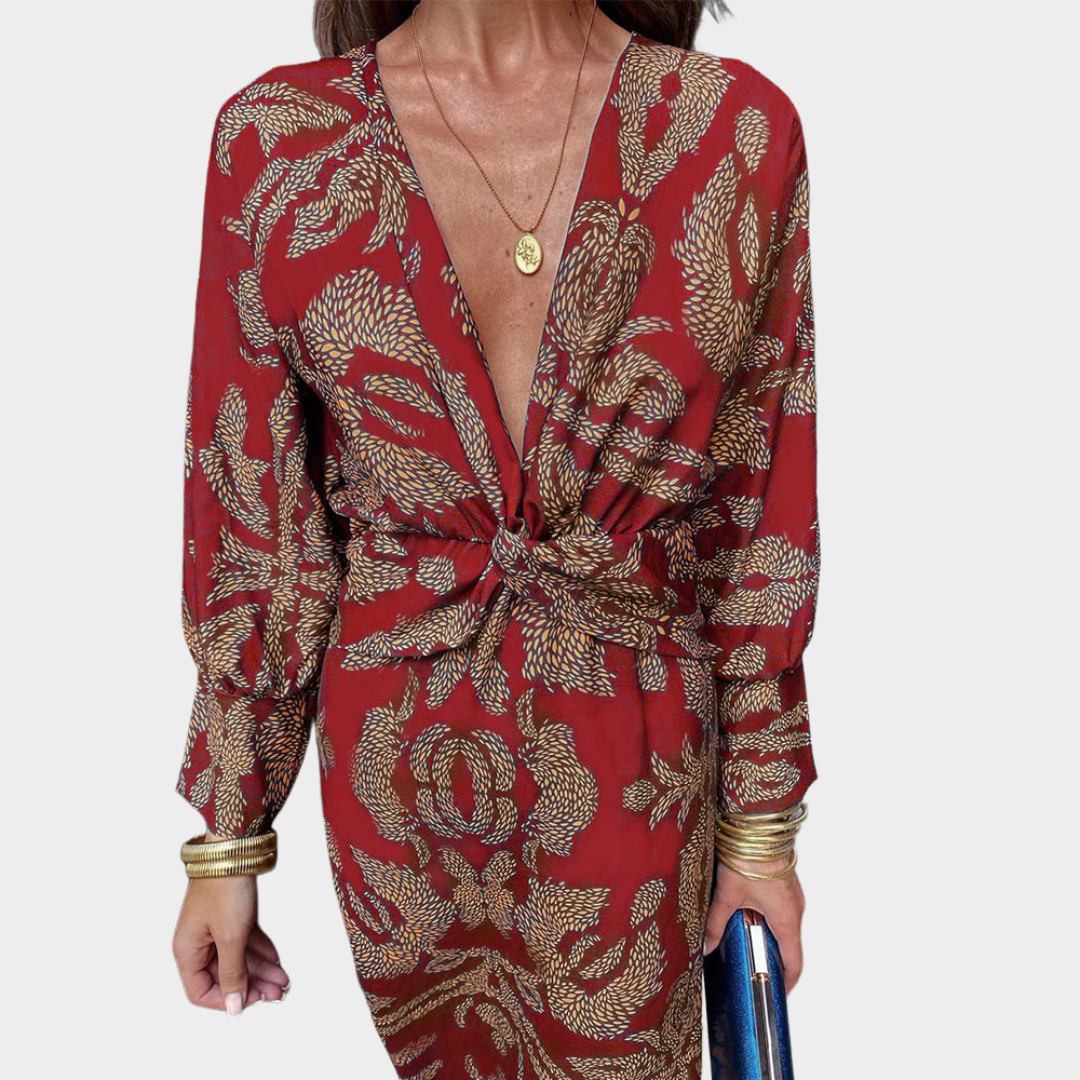 Women's Retro Printed Midi Dress – Elegant Round Neck Long Sleeve Party Dress – Multiple Colours