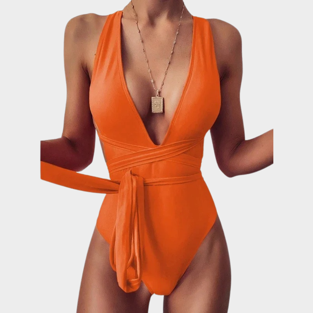 Women One Piece Swimsuit – Deep V Neck Lace-Up Bandage Fit in Stretch Fabric – Multiple Colours