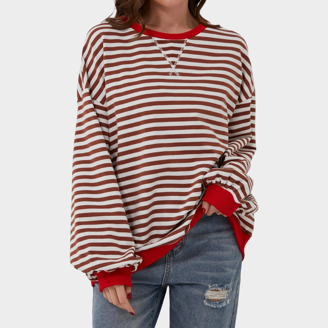 Women Casual Long Sleeve Sweatshirt – Round Neck Striped Pullover Top – Comfortable Knitwear – Multiple Colours