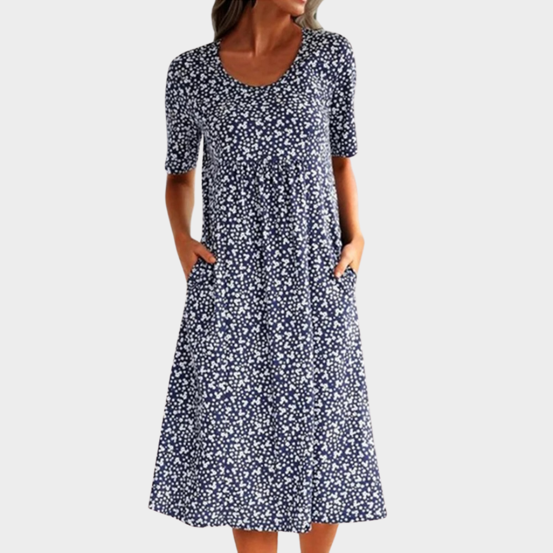 Women’s Heart Print Knee-Length Dress – Round Neck Pleated Casual Fit with Pockets – Short Sleeve Lightweight Floral Style – Multiple Colours