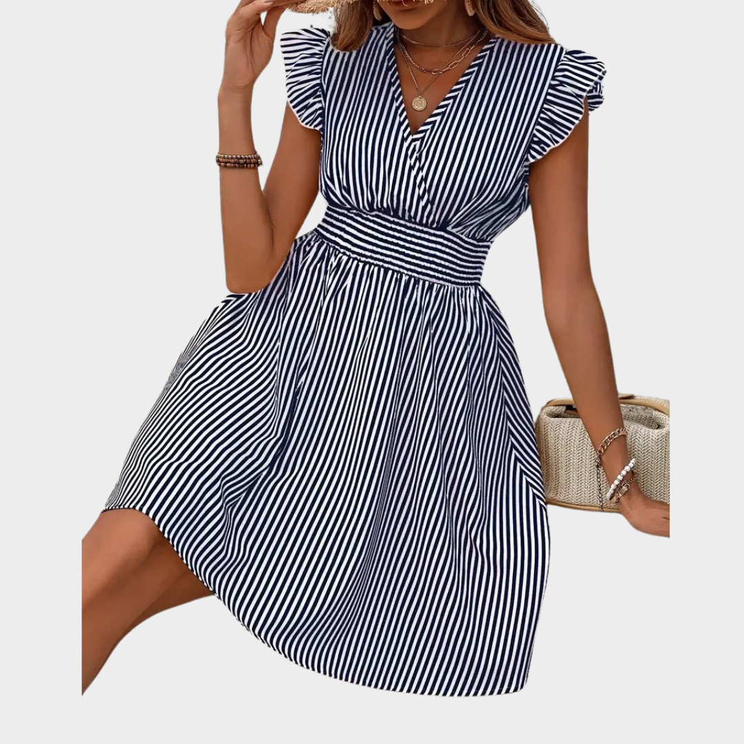 Women’s Printed V-Neck A-Line Dress – High Waist Fit with Ruffle Sleeves and Pleated Skirt – Lightweight Polyester – Multiple Colours