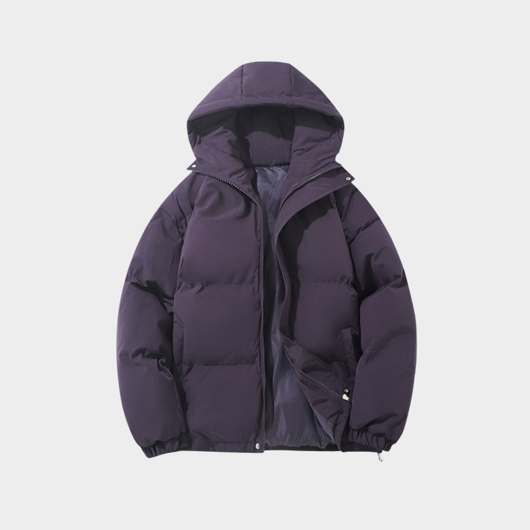 Women’s High Neck Hooded Puffer Jacket - Cotton Padded, Zipper Design, Warm Autumn Winter Coat, Purple, Off-white, Black, and More