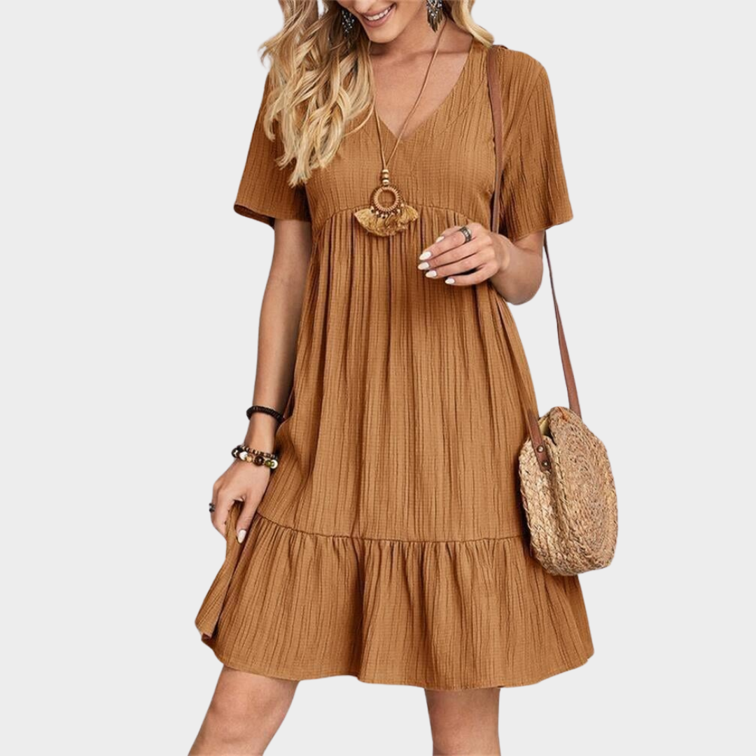 Women's Boho Midi Dress – Short-Sleeved V-Neck Dress – Casual Beach Holiday Dress – Flowy Fit – Multiple Colours
