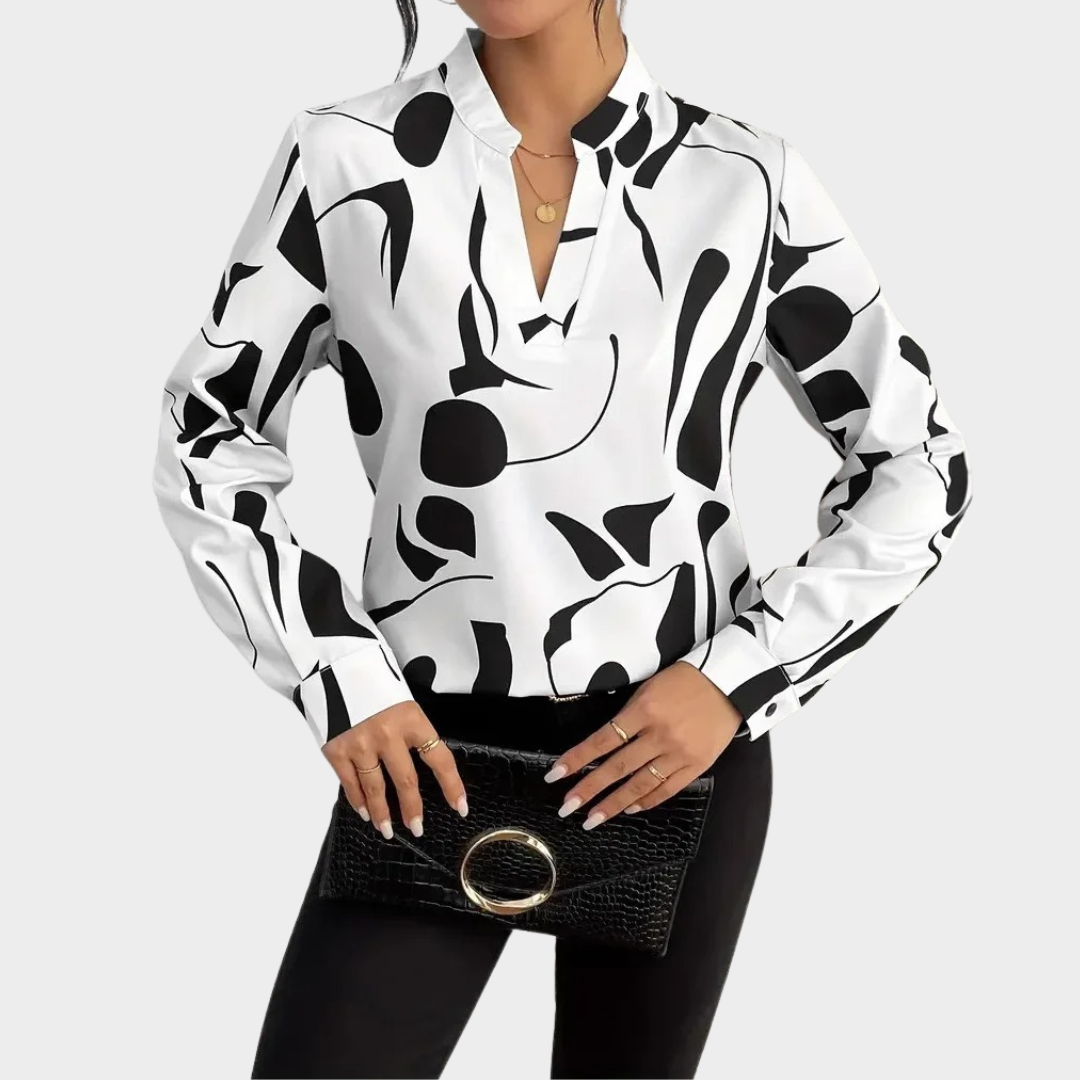 Women’s Relaxed Fit Blouse – V-Neck Abstract Print – Long Sleeve Luxury Fabric – Multiple Colours