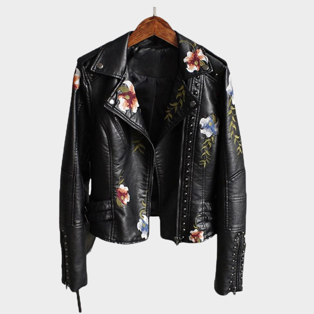 Women's Faux Leather Jacket – Floral Embroidery – PU Motorcycle Coat – Casual Outerwear – Multiple Colours