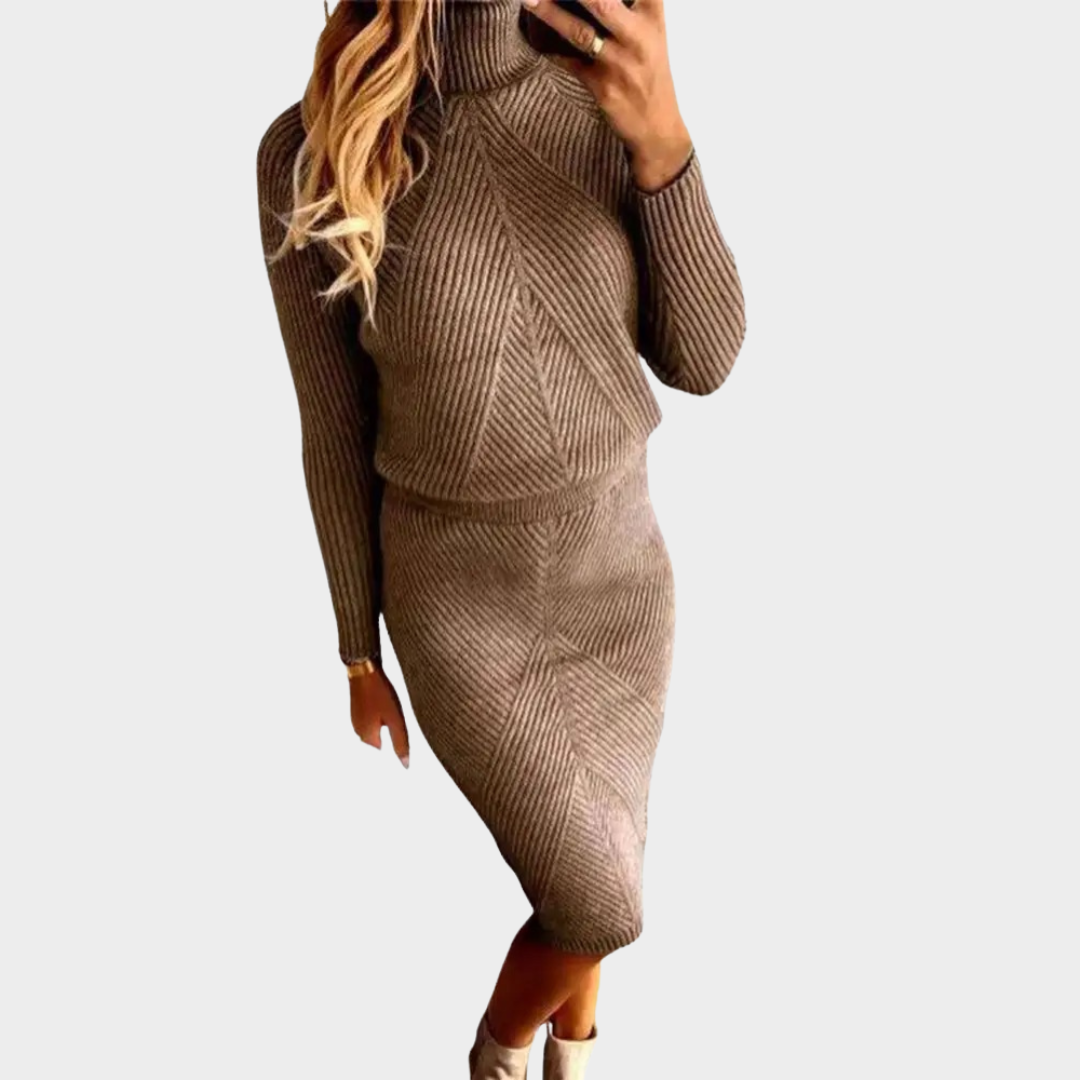 Women's Knitted Sweater Skirt Set – Two-Piece Outfit – High Collar – Long Sleeve – Elastic Waist – Warm & Stylish – Multiple Colours