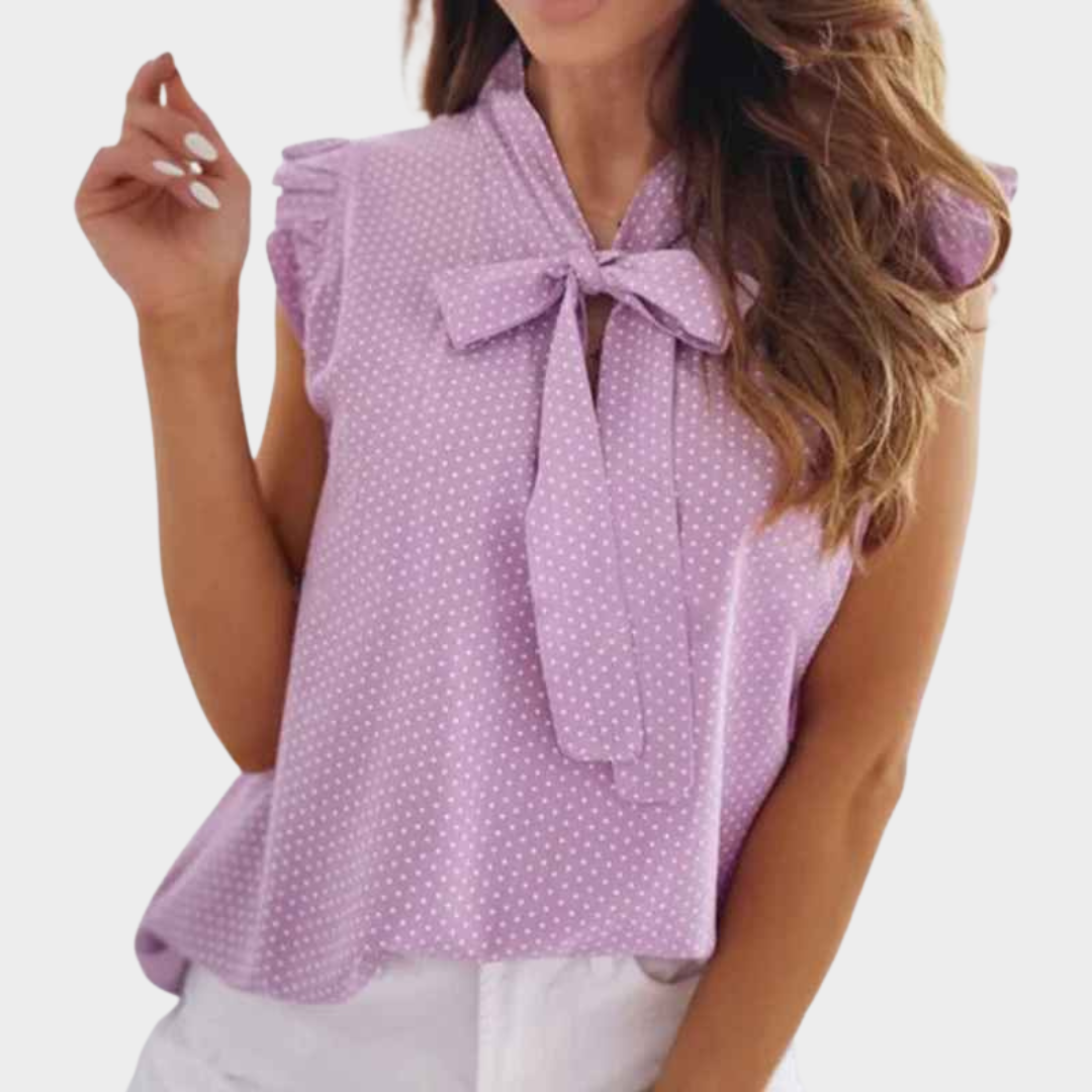 Women Sleeveless Blouse – Relaxed Fit Bow Tie Neck with Polka Dot Ruffle Trim – Multiple Colours
