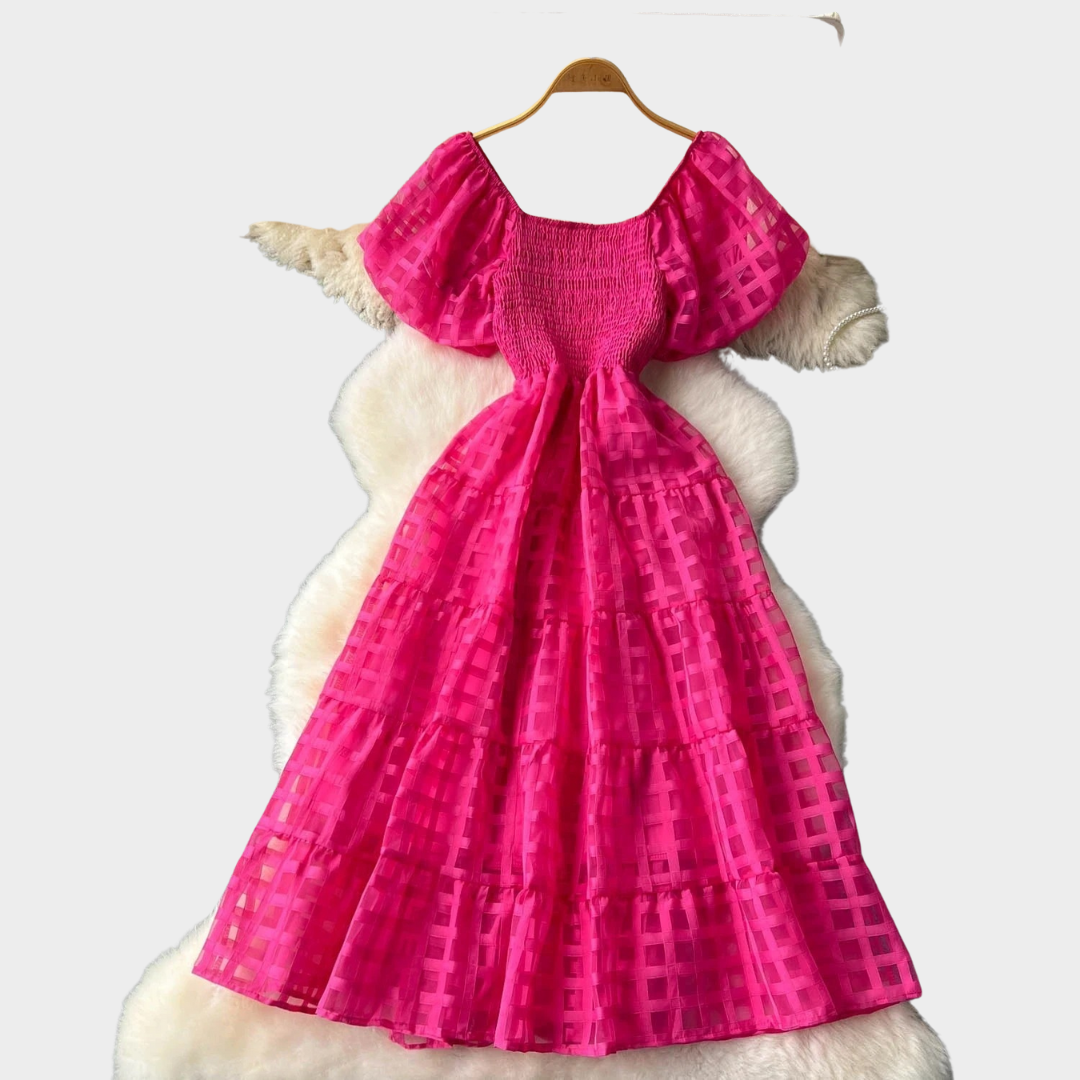 Women Slim Fit Dress – Short Sleeve French Vintage Style with Puff Sleeves and Square Neck – Multiple Colours