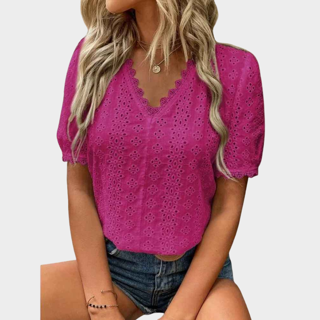 Women Blouse – Short Sleeve Hollow Out Design Lace Detail with Comfortable Fit – Multiple Colours