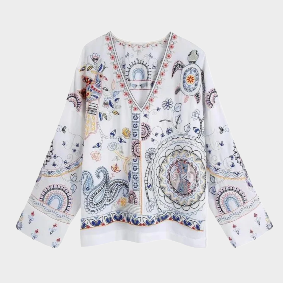 Women's Embroidered V-Neck Blouse – Vintage Boho Style – Slim Fit – White