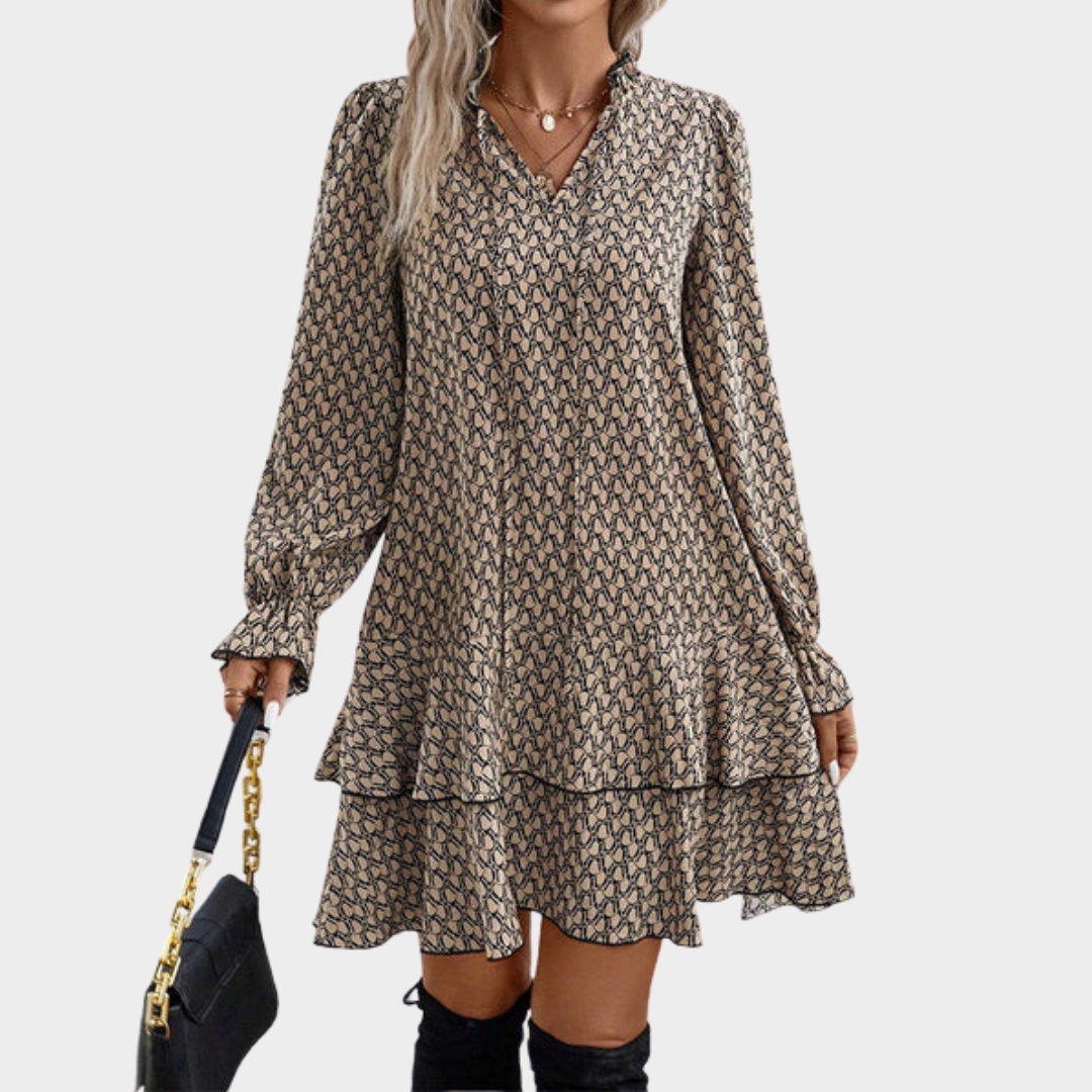 Women's Bohemian Tie-Up V-Neck Dress – Long Sleeve – Relaxed Fit – Lightweight Printed Fabric – Multiple Colours