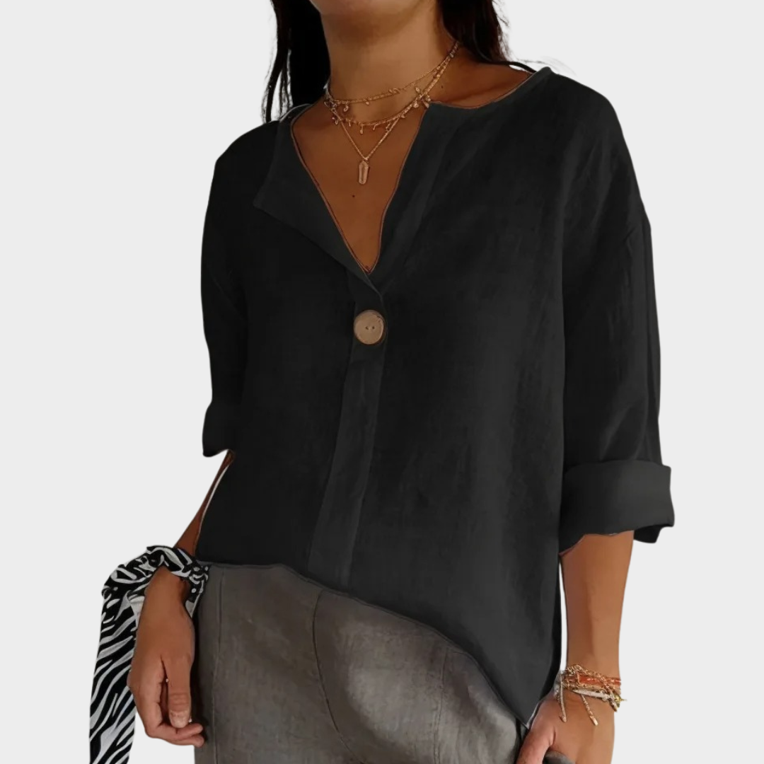 Women V-Neck T-Shirt – Loose Fit Cotton Linen Button Front Top – Multiple Colours