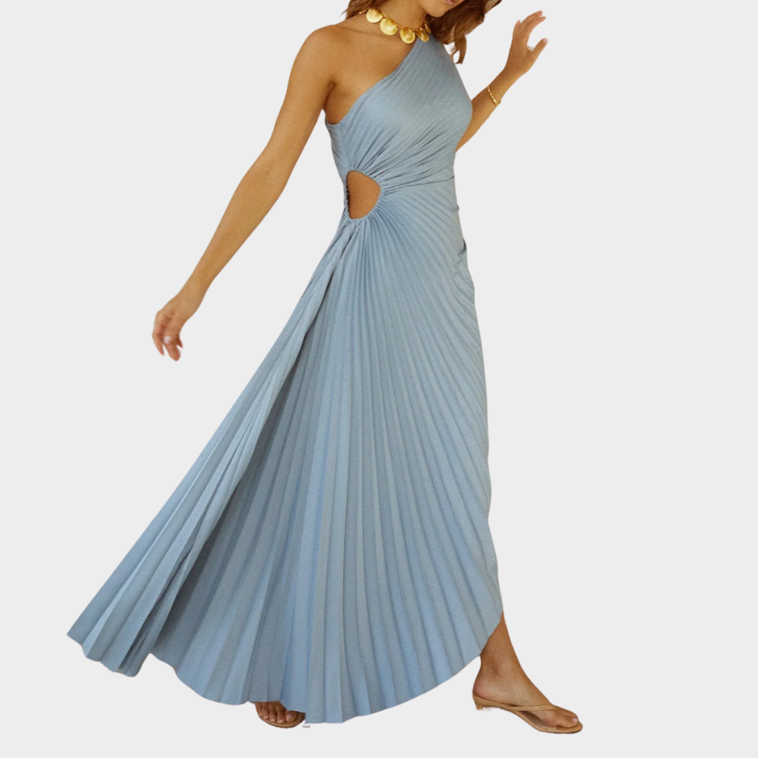 Women's One-Shoulder Satin Gown – Pleated Design – Elegant Evening Dress – Blue