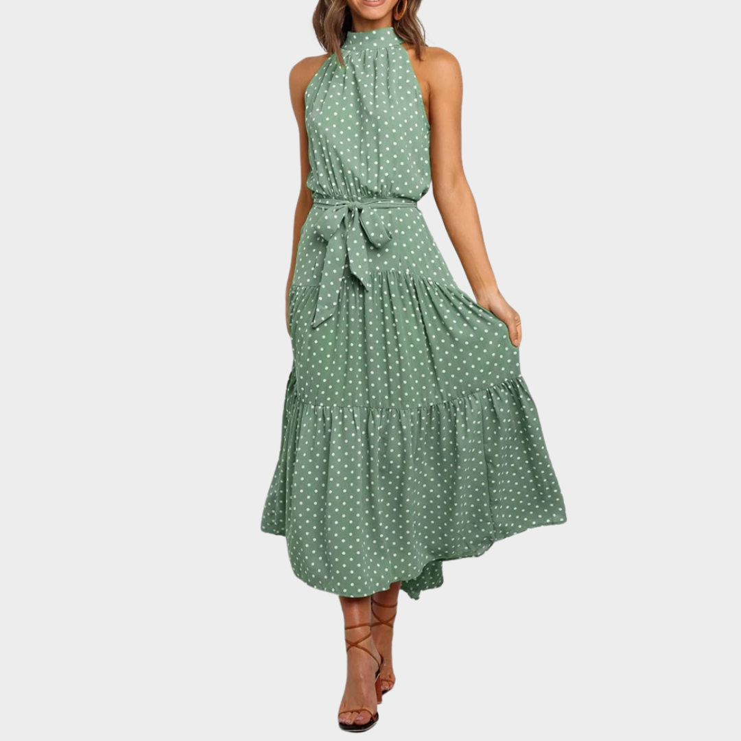 Women Halter Neck Long Dress – Polka Dot Belted Fit Flowy Silhouette – Multiple Colours