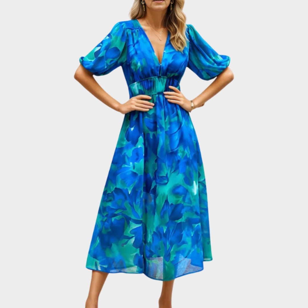 Elegant Women's Maxi Dress V-Neck Elastic Waist Printed Long Summer Dress - Beige, Pink, Black, and More