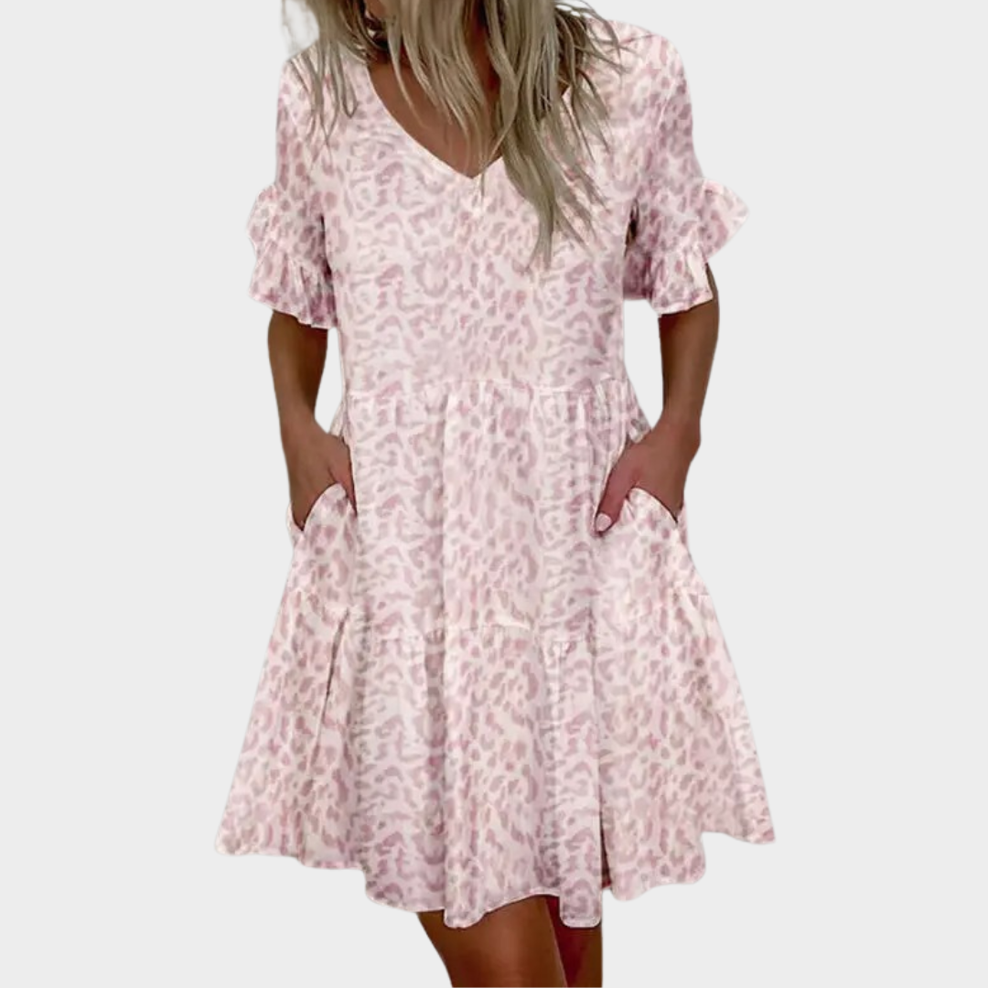 Women’s Floral Mini Dress – V-Neck Short Sleeve Fit – Loose Ruffle Design with Pockets – Lightweight Soft Fabric – Casual Elegant Look – Multiple Colours