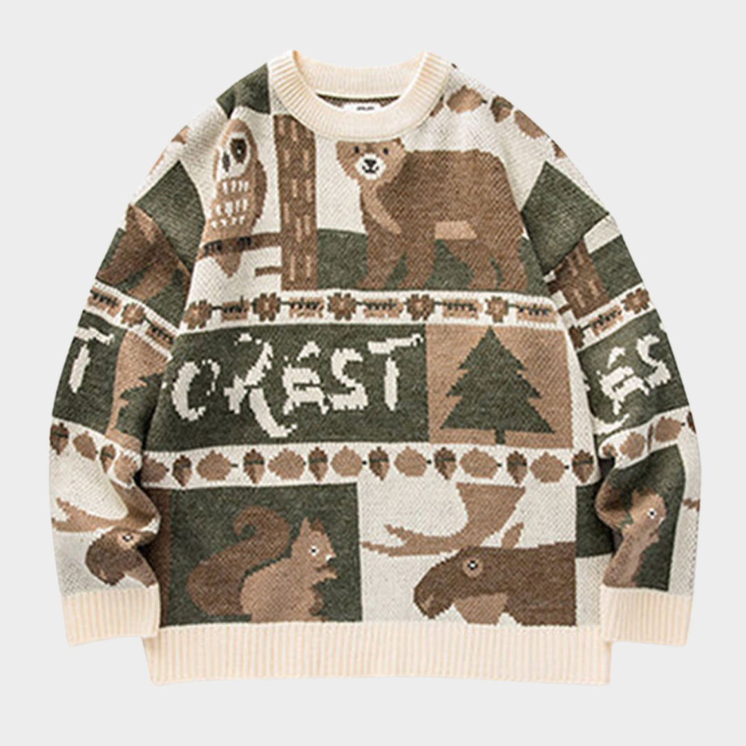 Mens Winter Vintage Sweater - Japanese Cute Bear Knitted Harajuku Streetwear, Black & White