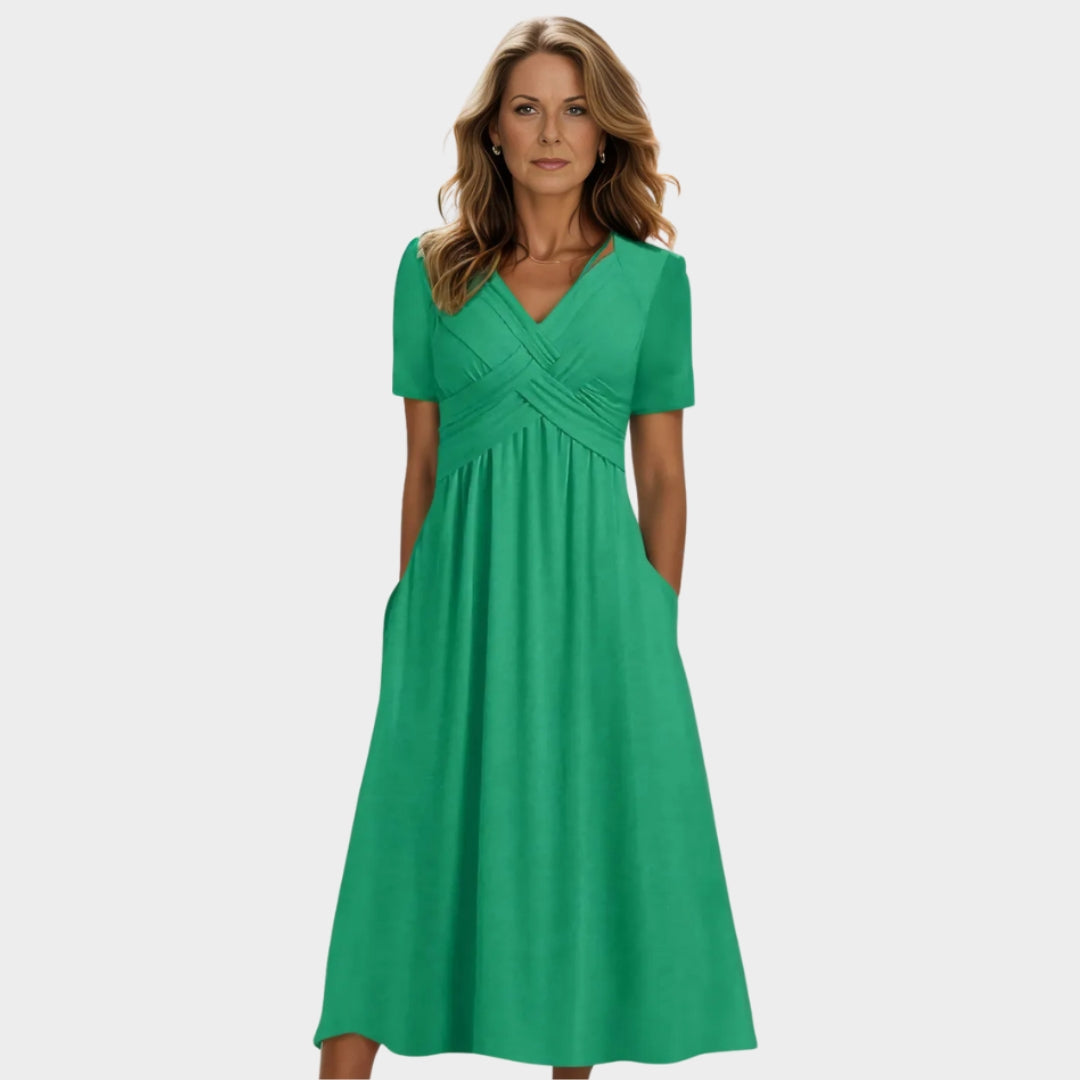 Women's Solid-Colored Summer Dress – V-Neck, Short Shoulder Sleeves, Casual Fit, Lightweight Fabric