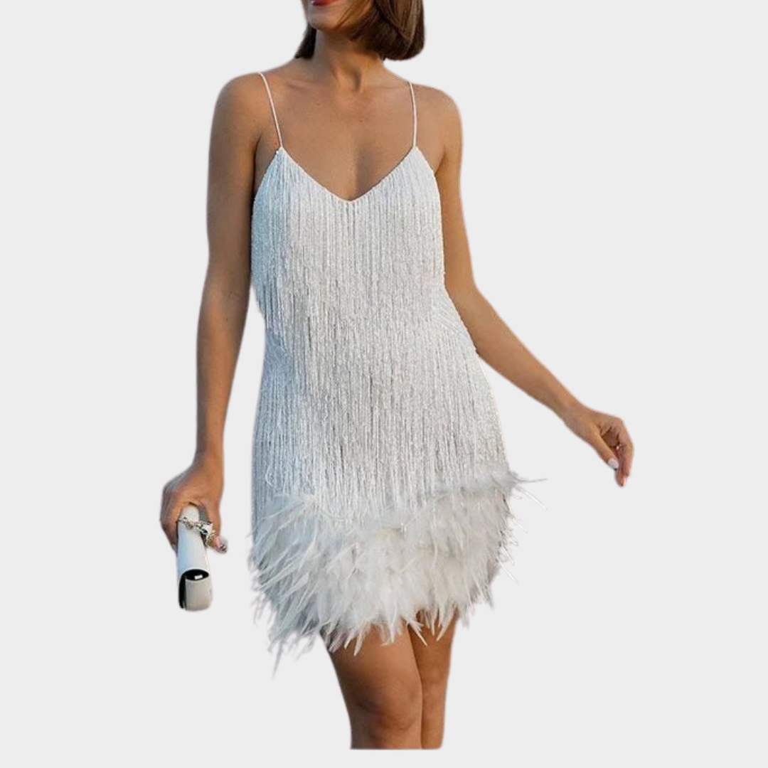 Women's Sequined Evening Dress – Sleeveless – V Neck – Tassels & Feather Detail – Multiple Colours