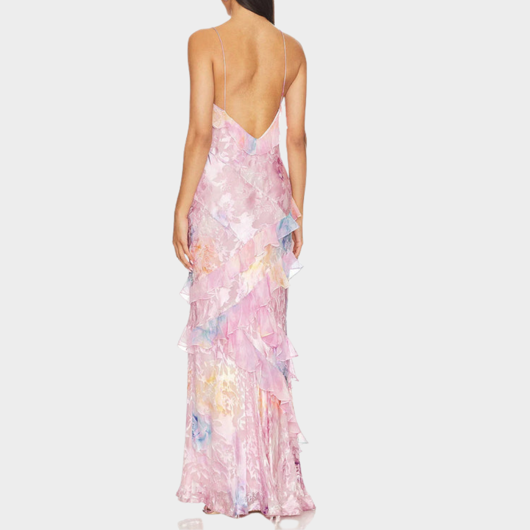 Women's V-Neck Ruffle Dress – Spaghetti Strap – Printed Patchwork – Multiple Colours