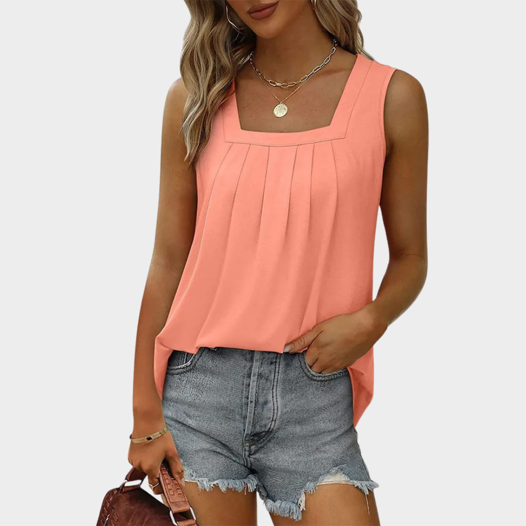 Women’s Sleeveless Pleated Blouse – Square Neck Loose Fit Top – Soft Lightweight Fabric – Smart Casual Style – Solid Colour – Multiple Colours