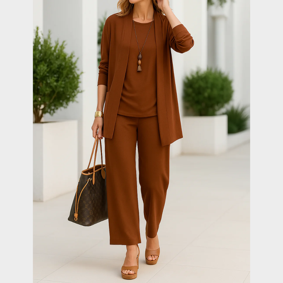 Women Relaxed Fit 3 Piece Pantsuit Set – Long Sleeve Cardigan O Neck Vest Wide Leg Trousers Comfortable Fabric – Multiple Colours