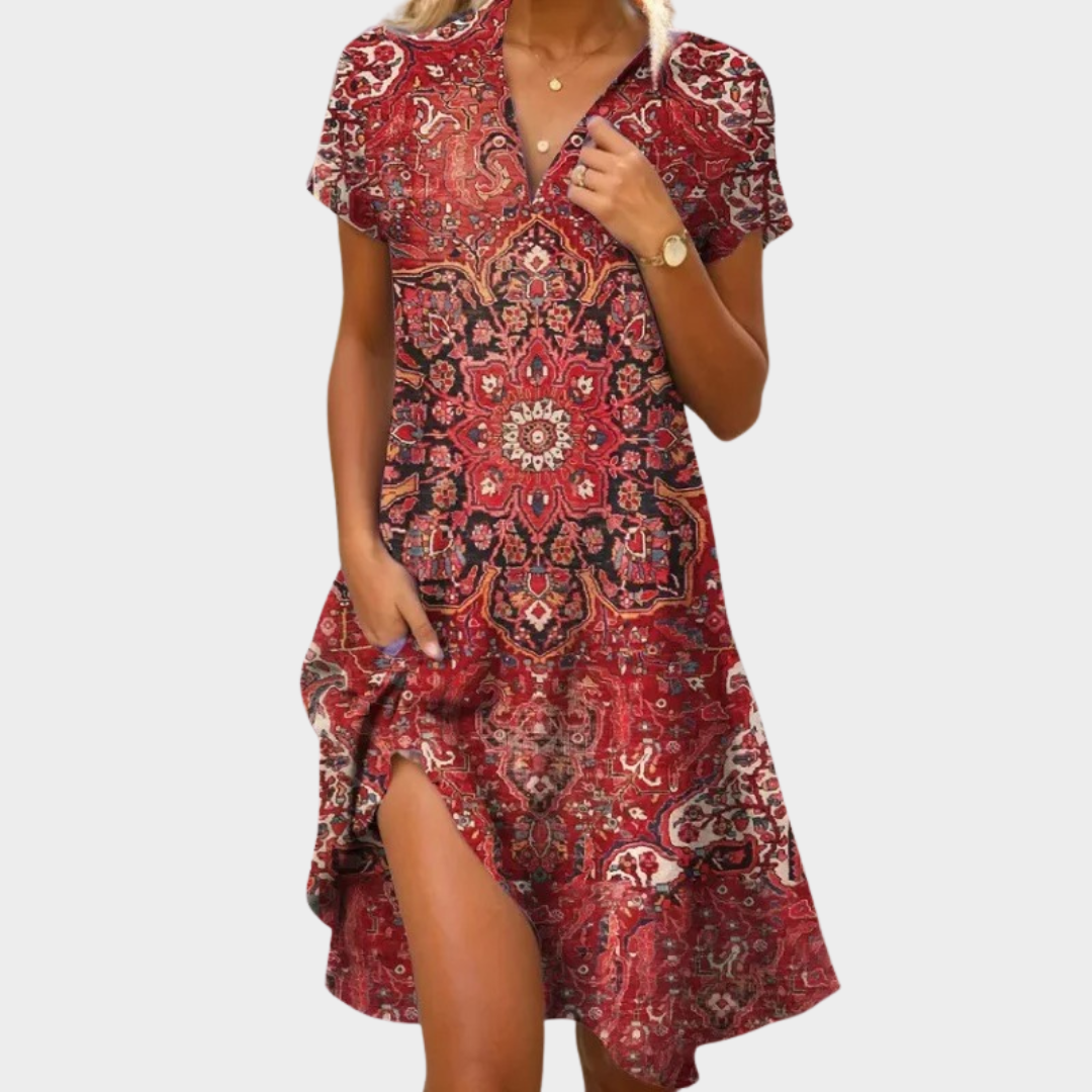 Women's V-Neck Bohemian Dress – Short Sleeve Long Skirt with Pockets – Cotton-Polyester Blend – Multiple Colours