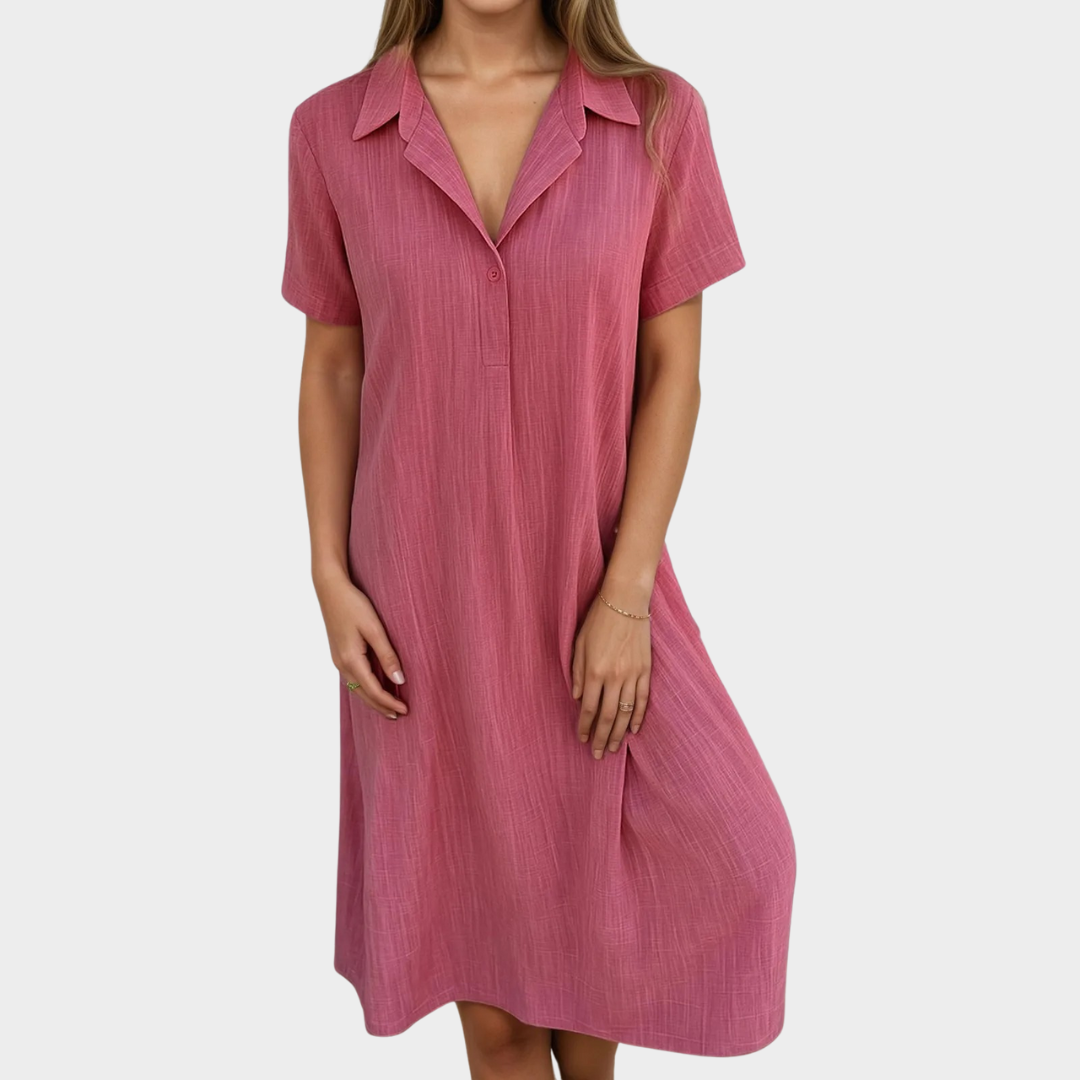 Women's Solid V-Neck Shirt Dress – Short Sleeve Button Detail – Loose Pullover Fit – Cotton-Polyester Blend – Multiple Colours