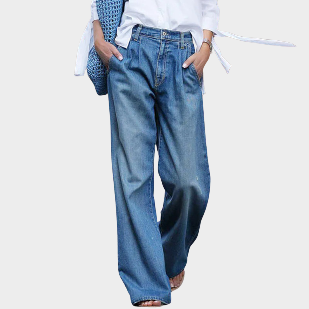 Women's Wide-Leg Jeans - High Waist - Distressed Denim - Loose Fit - Blue