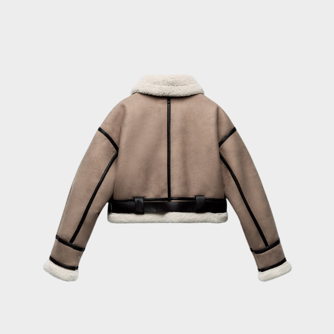 Women’s Retro Faux Leather Short Coat – Loose Fit, Soft Fur Lining, Zipper Belt Jacket (Khaki)