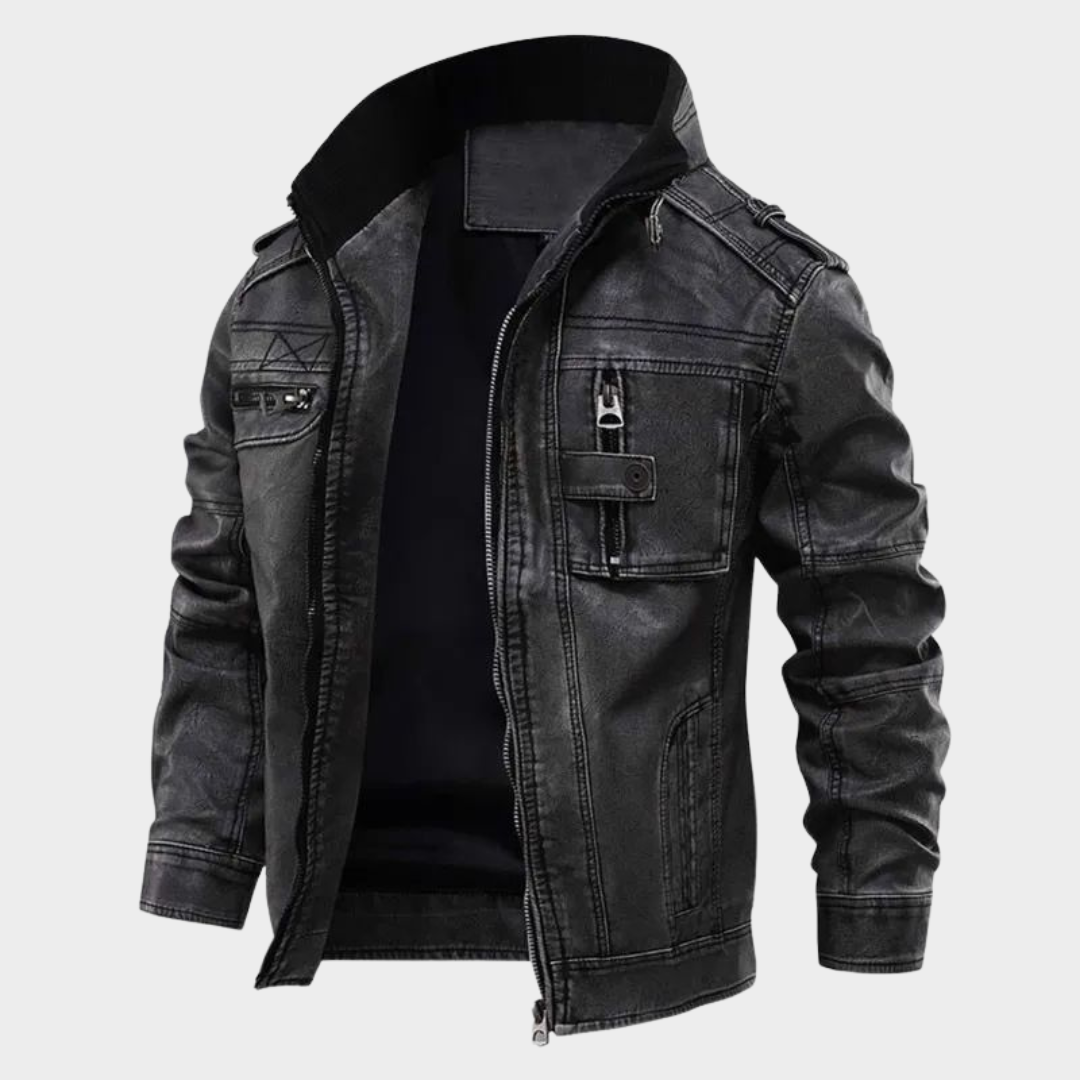 Men's Leather Biker Jacket – Vintage PU Motorcycle Coat – Stand Collar – Thick Durable Outerwear – Black