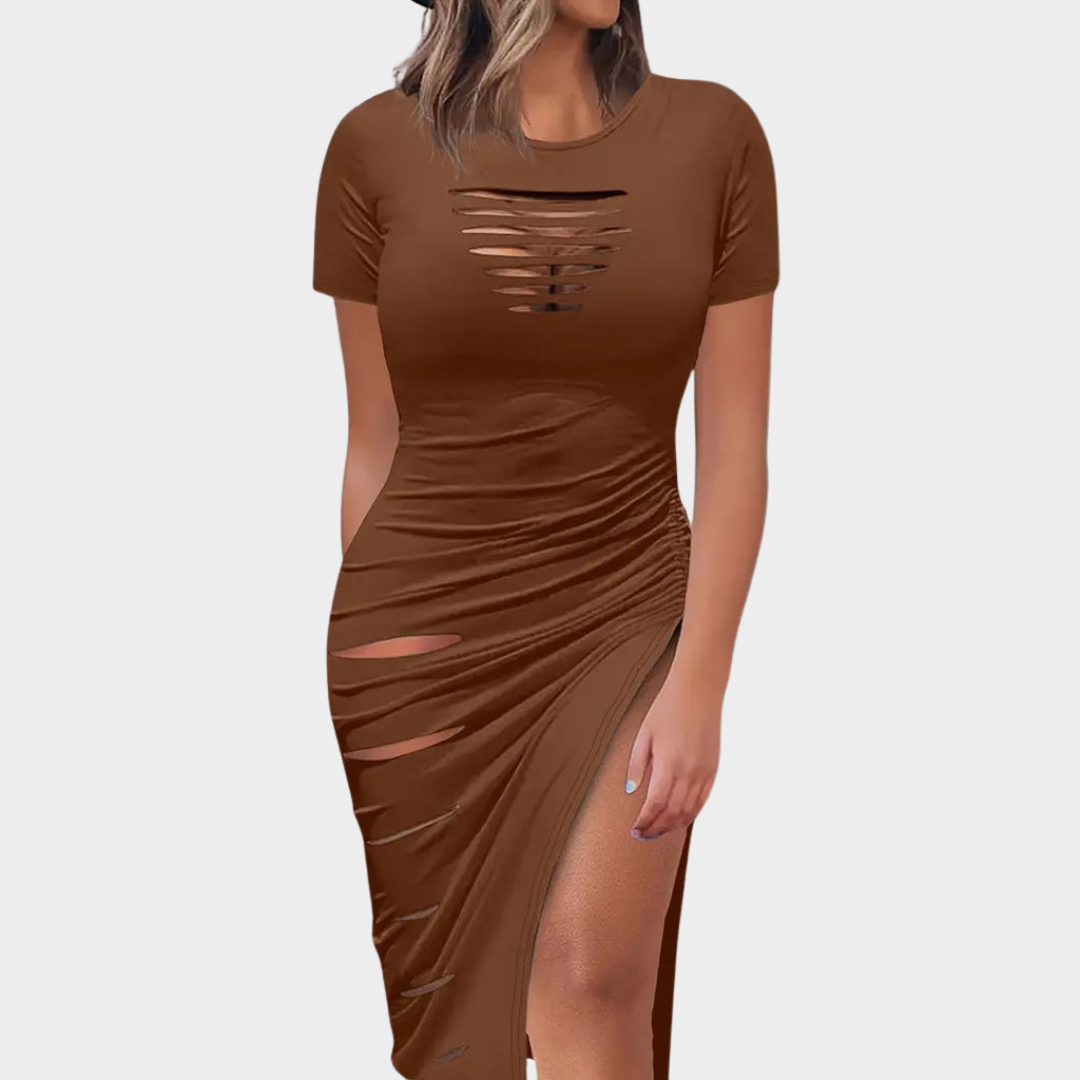 Women's Crisscross Pocket A-Line Mini Dress – Short Sleeve – Asymmetrical Neck – Multiple Colours