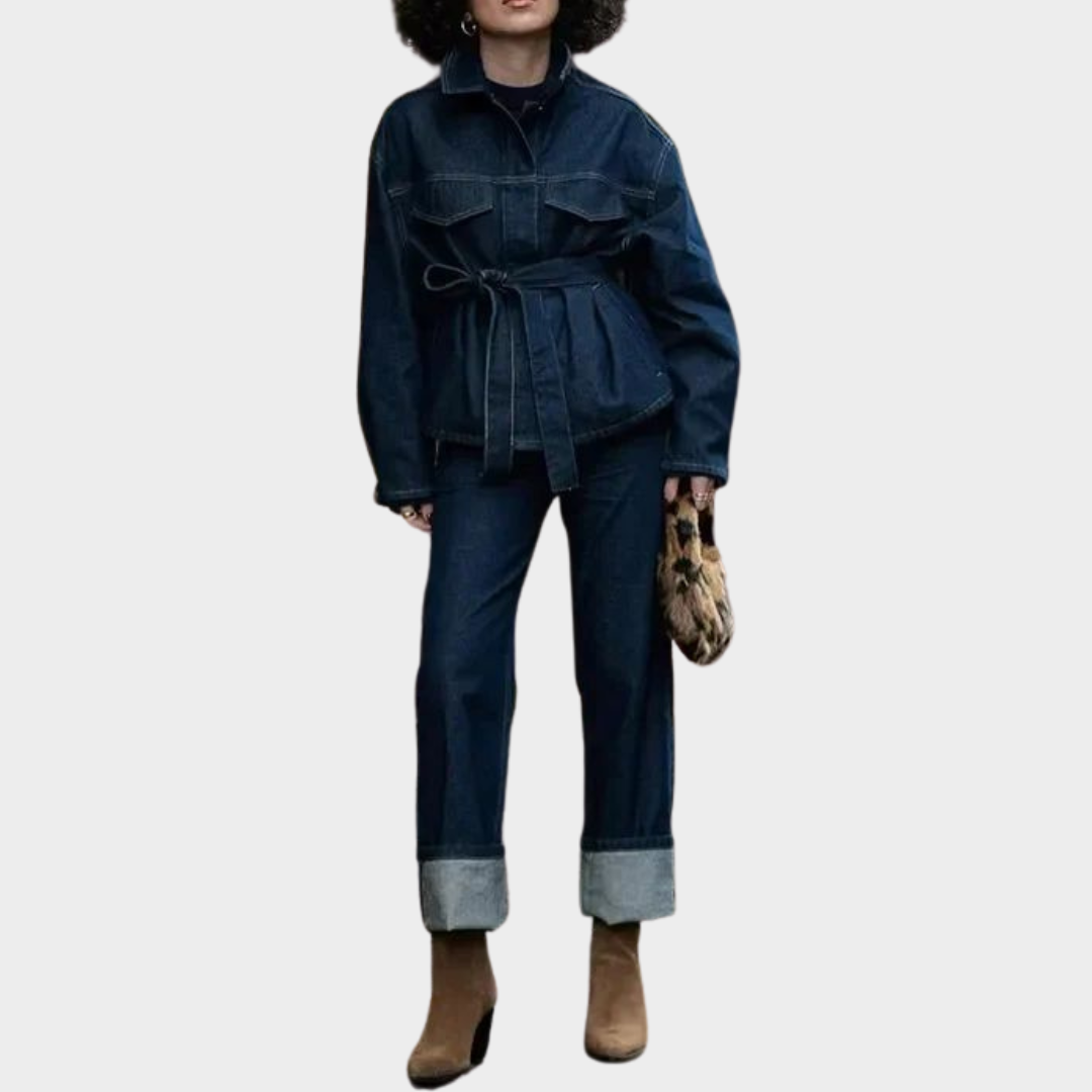 Women’s Denim Jacket & Trousers Set – Vintage Style – Belted Waist – Loose Fit – Blue