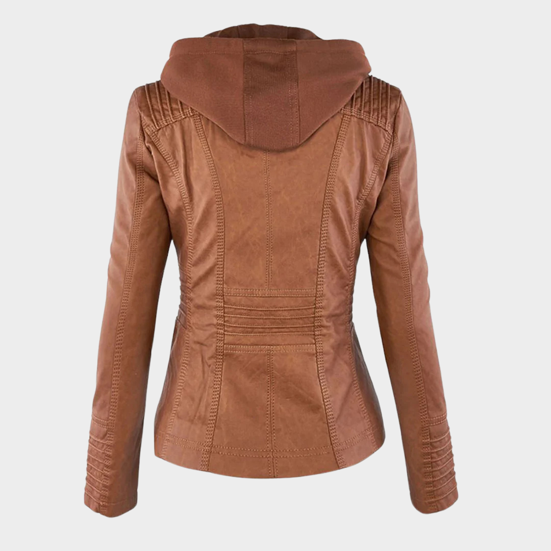 Women’s Faux Leather Jacket – Motorcycle Style – Zip Closure – Hooded Design – Multiple Colours