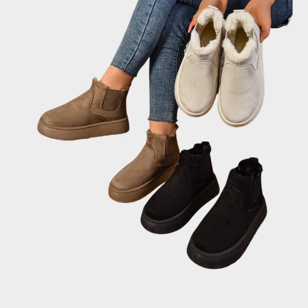 Women’s Short Plush Warm Chelsea Boots - Winter Suede Fur Ankle Platform Flats, Beige, Black,  and More