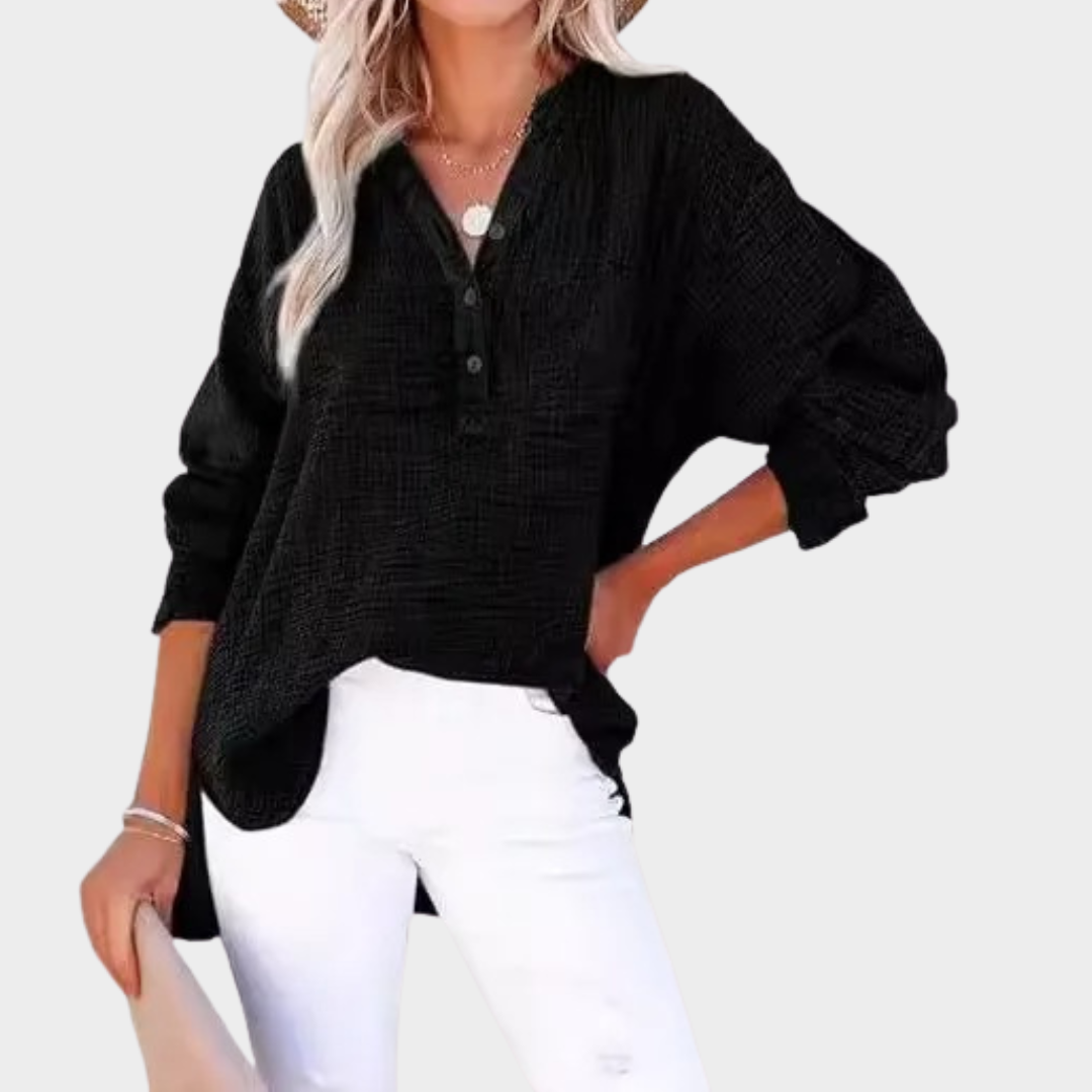 Women’s Long-Sleeve Blouse – Pleated Button Front Top – Relaxed Fit – Lightweight Fabric – Multiple Colours