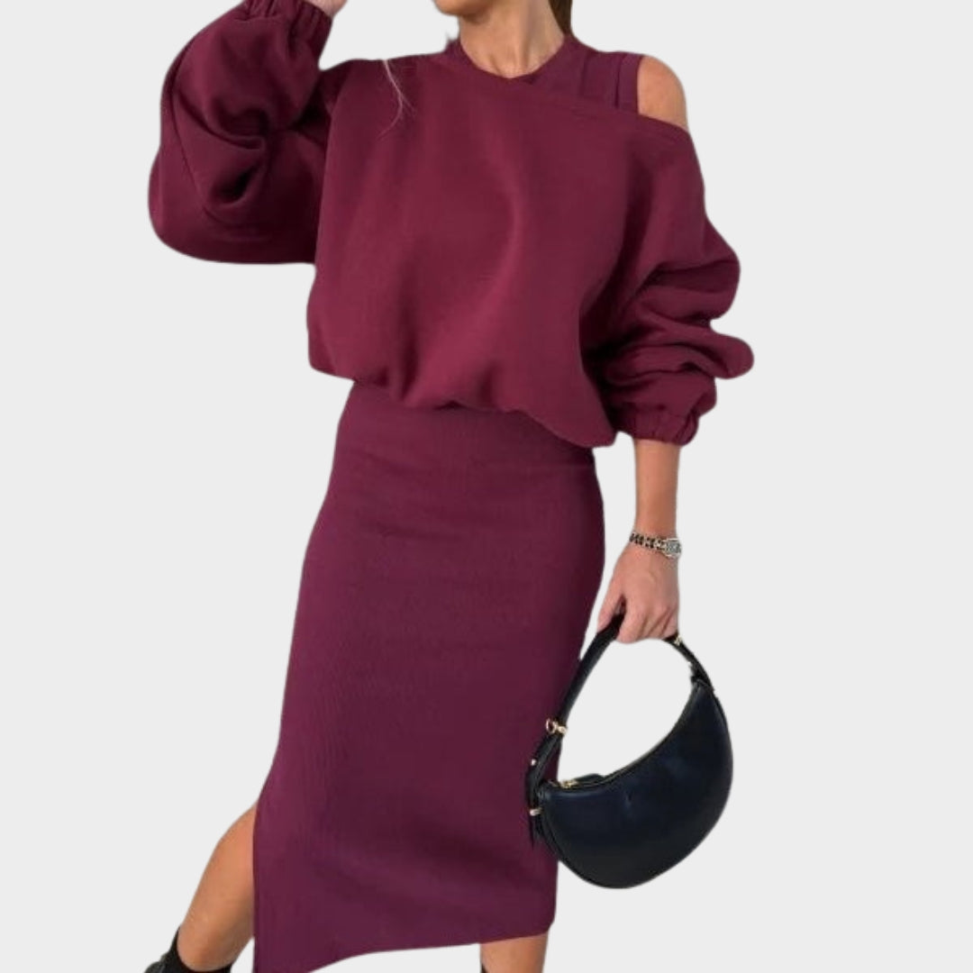 Women's Two-Piece Set - Cold Shoulder Sweatshirt & Sleeveless Dress - Chic & Stylish - Multiple Colours