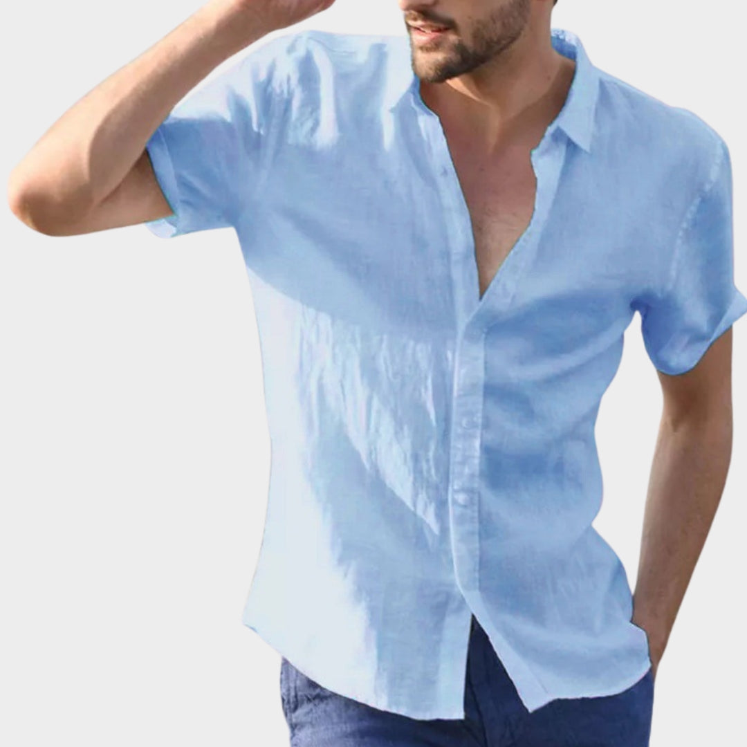 Men's Short-Sleeve Shirt - Turn-Down Collar - Cotton Linen Blend - Lightweight & Breathable - Multiple Colours
