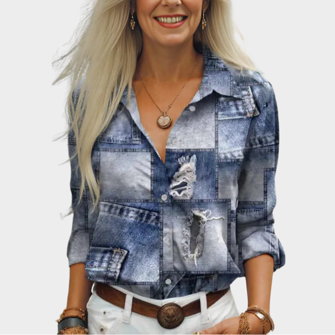 Women's Vintage Blouse - Long Sleeve Patchwork Shirt - Casual Loose Fit - Imitation Denim Print - Multiple Colours