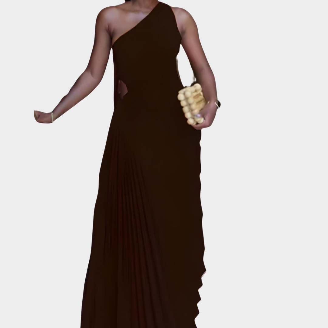 Women's A-Line Maxi Dress – One Shoulder – Sleeveless – Pleated Ruched Waist – Soft Draped Fit – Multiple Colours