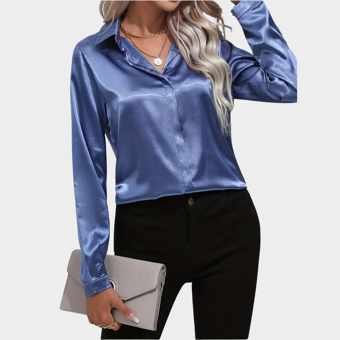 Women's Satin Shirt - Long Sleeve Turn-Down Collar Blouse - Elegant Office Wear - Multiple Colours