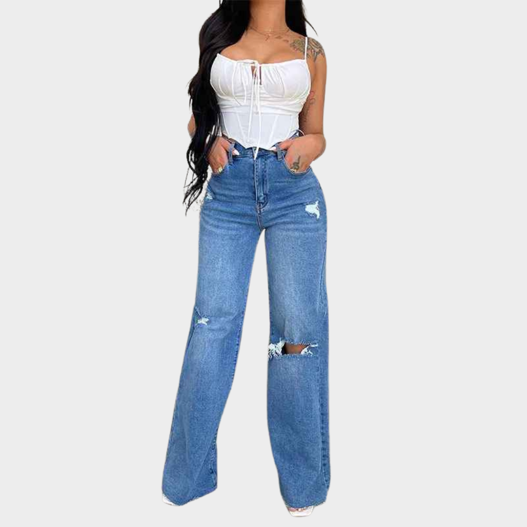 Women's Wide-Leg Jeans - High Waist Ankle-Length Denim Trousers - Zipper Fly with Pockets - Blue