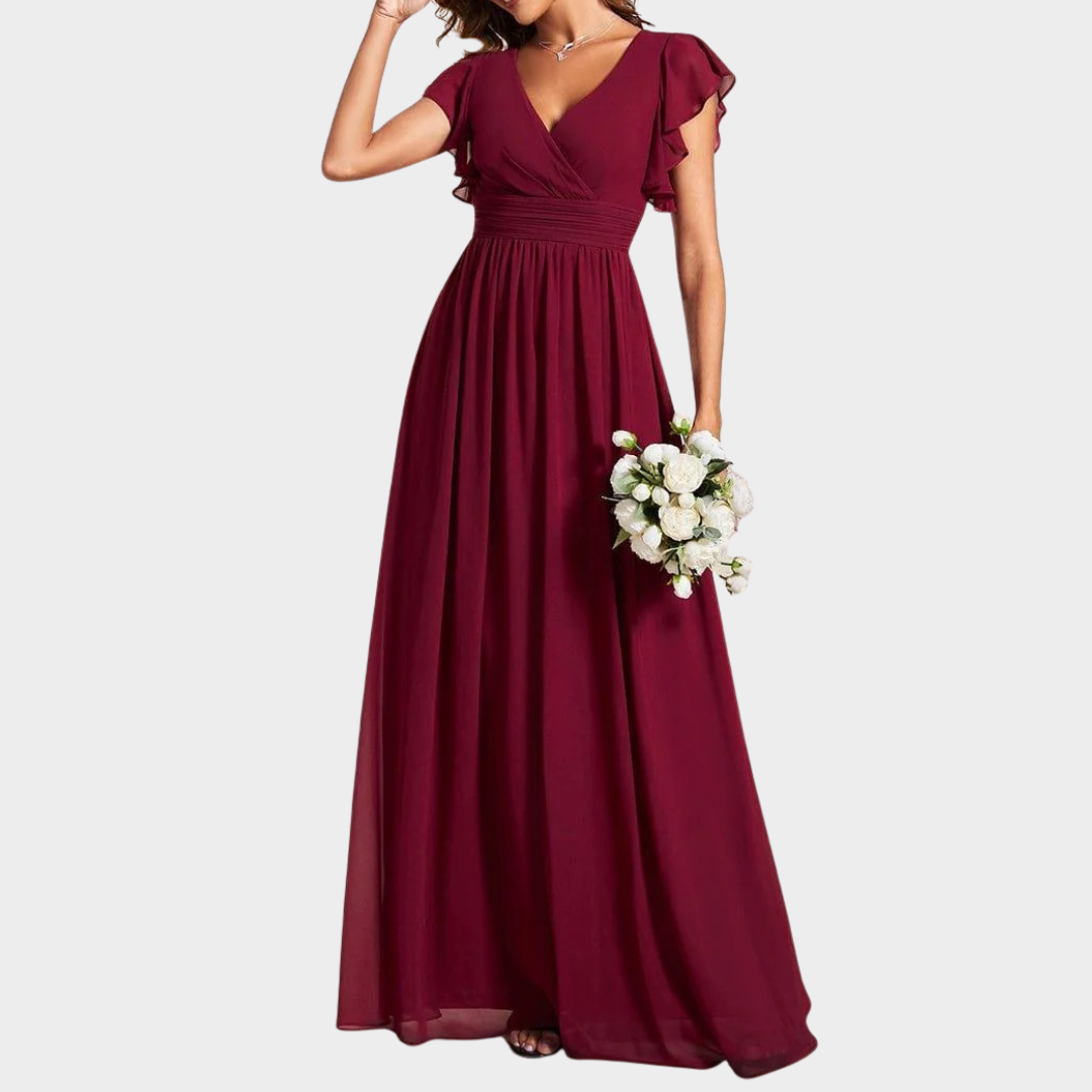 Women’s V-Neck Bridesmaid Dress – Elegant Chiffon Gown with Ruffled Sleeves and Open Back – Multiple Colours
