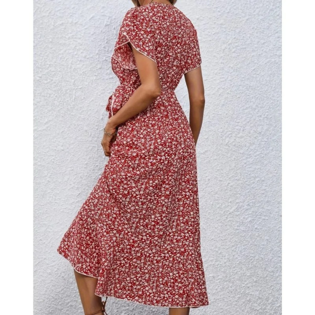 Women’s Midi Dress – Flowy Split Skirt with V-Neck and Short Sleeves – Floral Print Lightweight Fit – Multiple Colours