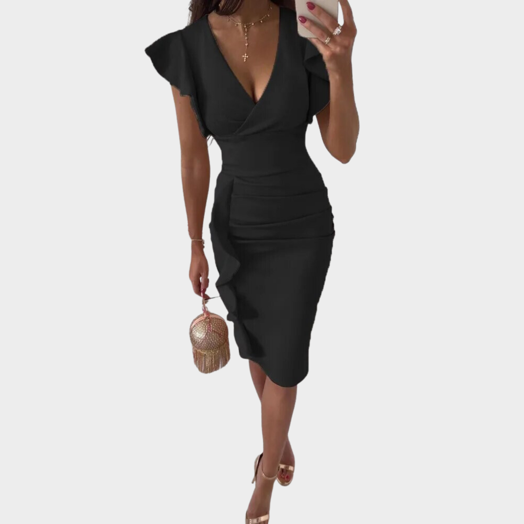 Women's High-Waisted Flare Dress – Elegant Short Ruffled Sleeves – Classic Solid Colour – Multiple Colours