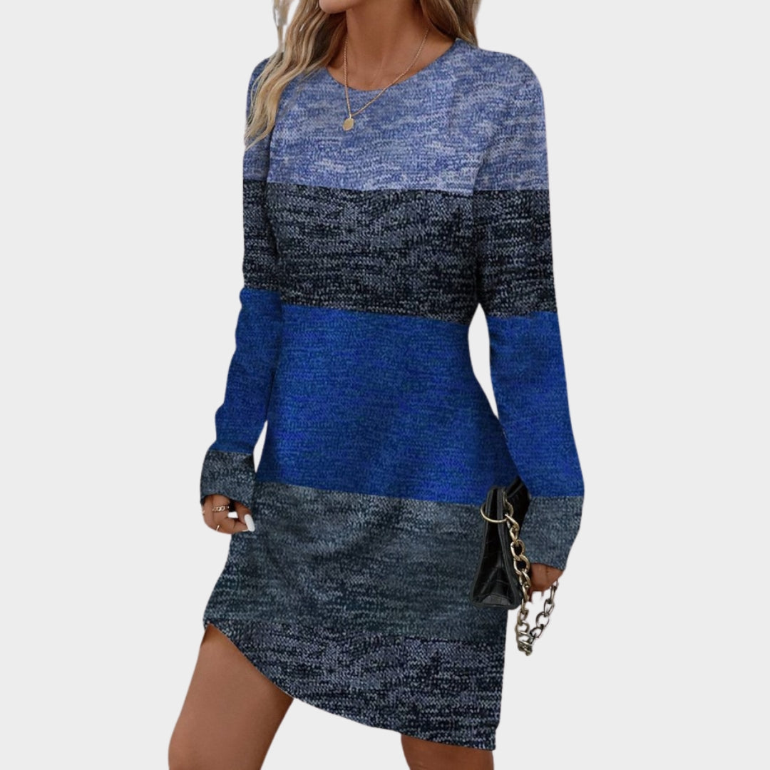 Women's Spring Autumn O-Neck Long Sleeve Casual Dress – Fashion Print, Knee-Length Office Lady Style (Light Brown, Blue, and More)